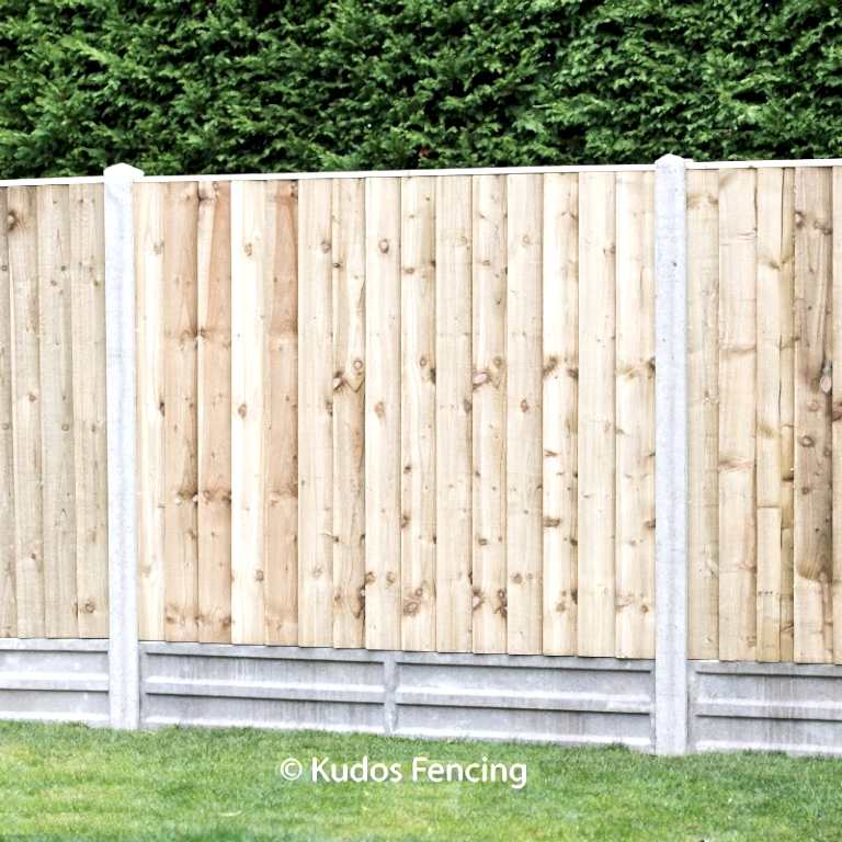 Closed board fence panels with concrete posts and 1ft concrete gravel boards.