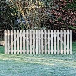 Pair of wooden picket gates. Round, pointed or flat top.