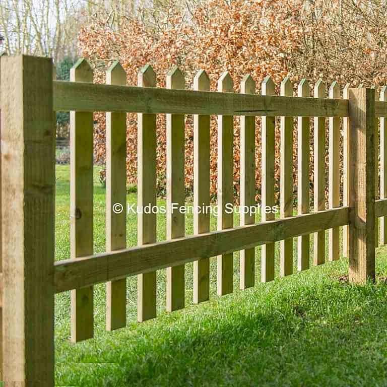 Wooden pointed top picket fence.