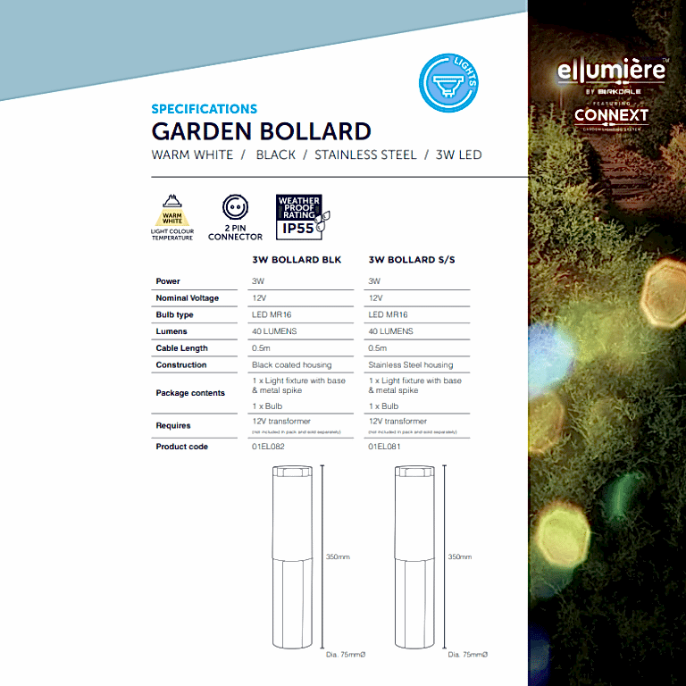 Garden bollard light spec sheet