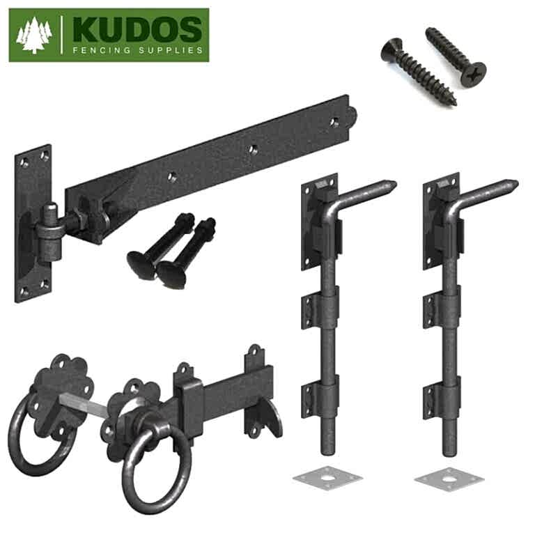 Double gate adjustable hinge and latch set in Black
